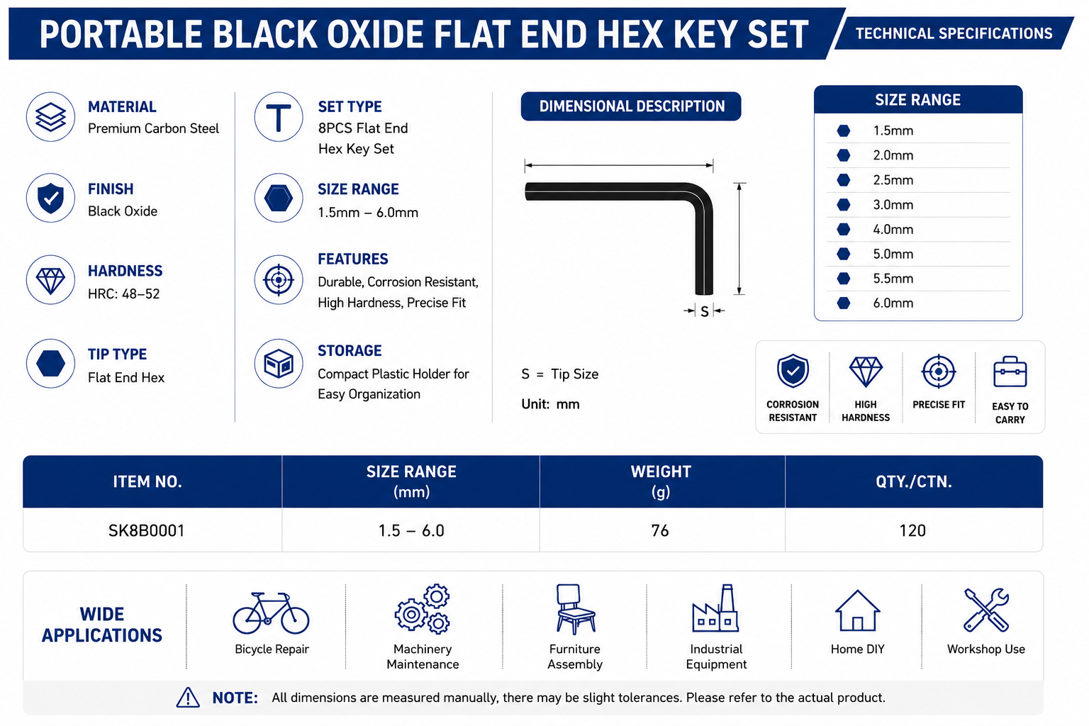 Portable Black Oxide Flat End Hex Key Set Specifications