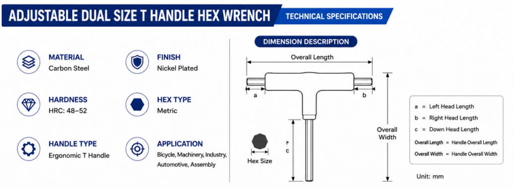 Dual size T handle hex wrench parameter chart with 6mm 8mm and 8mm 10mm combinations Application Image