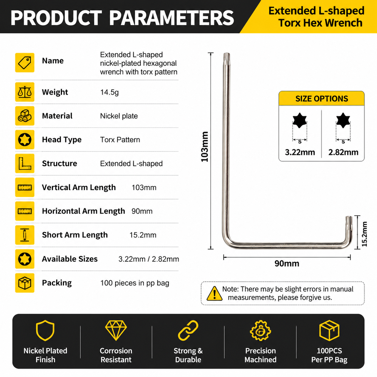 Extended Torx hex wrench specifications with 103mm vertical arm and 90mm horizontal arm dimensions