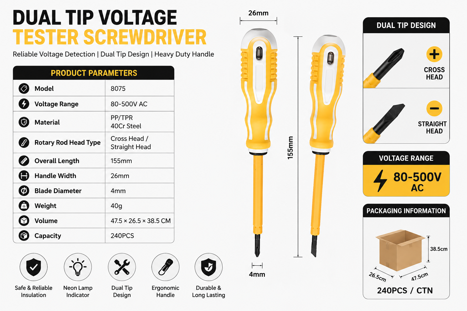 Heavy Duty Dual Tip Voltage Tester Screwdriver Specifications