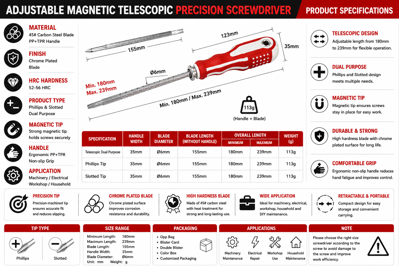 Adjustable Magnetic Telescopic Precision Screwdriver Product Specifications and Dimensions