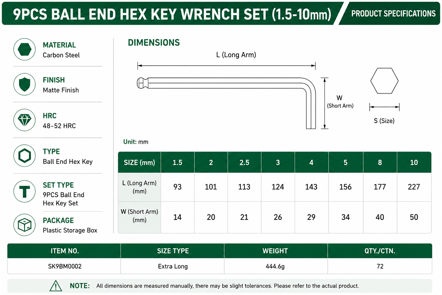 Detailed dimensional parameters and specifications of the 9PCS Extra Long Ball End Hex Key Wrench Set