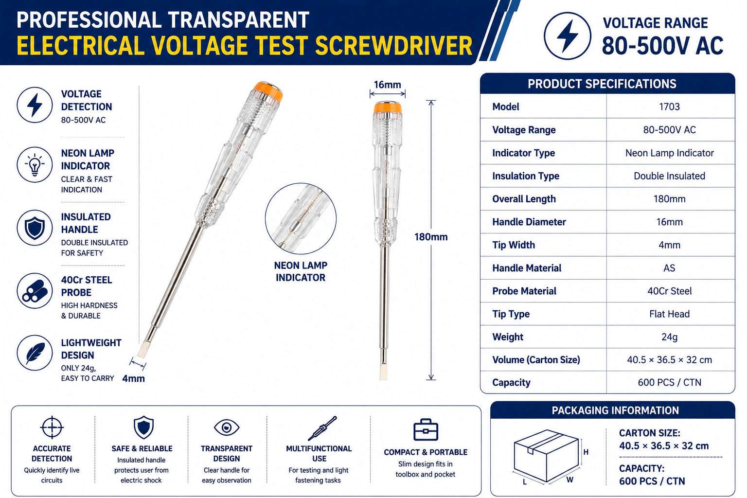 Model 1703 voltage tester parameter image with 180mm length 16mm handle diameter and 24g weight