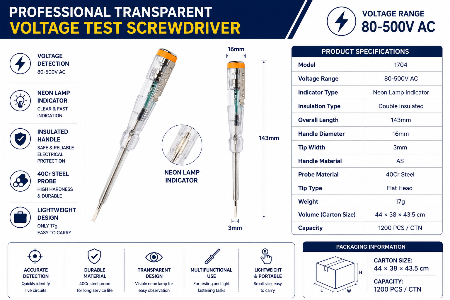 Model 1704 pocket circuit tester screwdriver parameter chart with 143mm length 17g weight and 80V 500V AC range