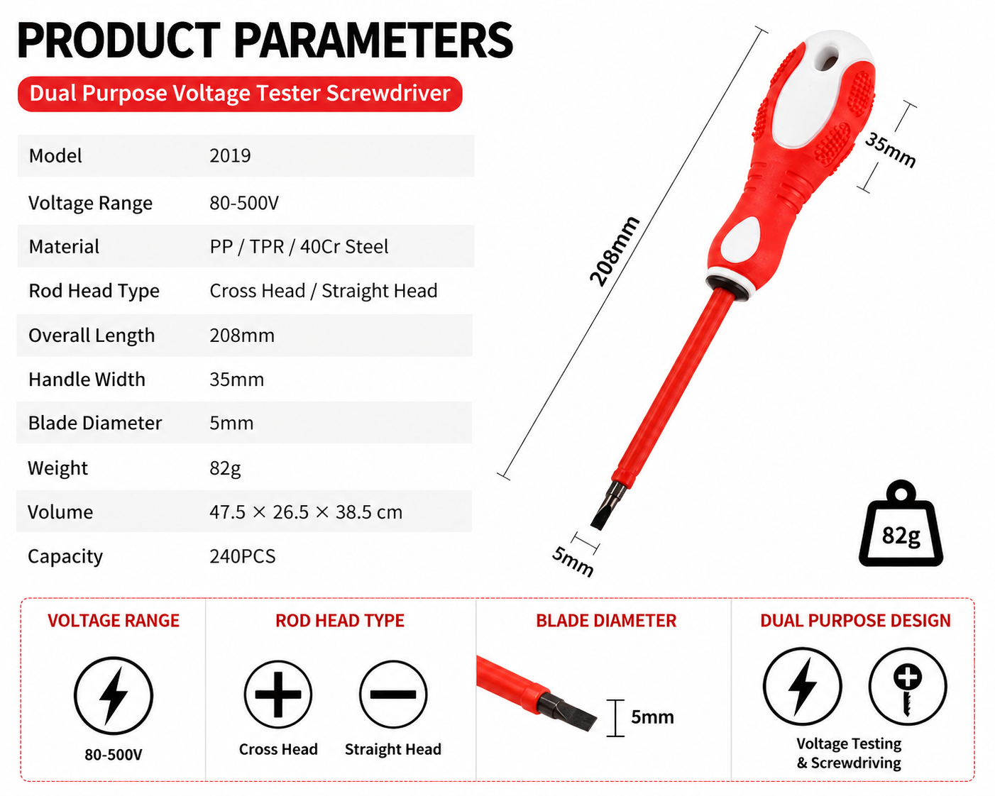 Heavy Duty Ergonomic Dual Purpose Voltage Tester Screwdriver Specifications