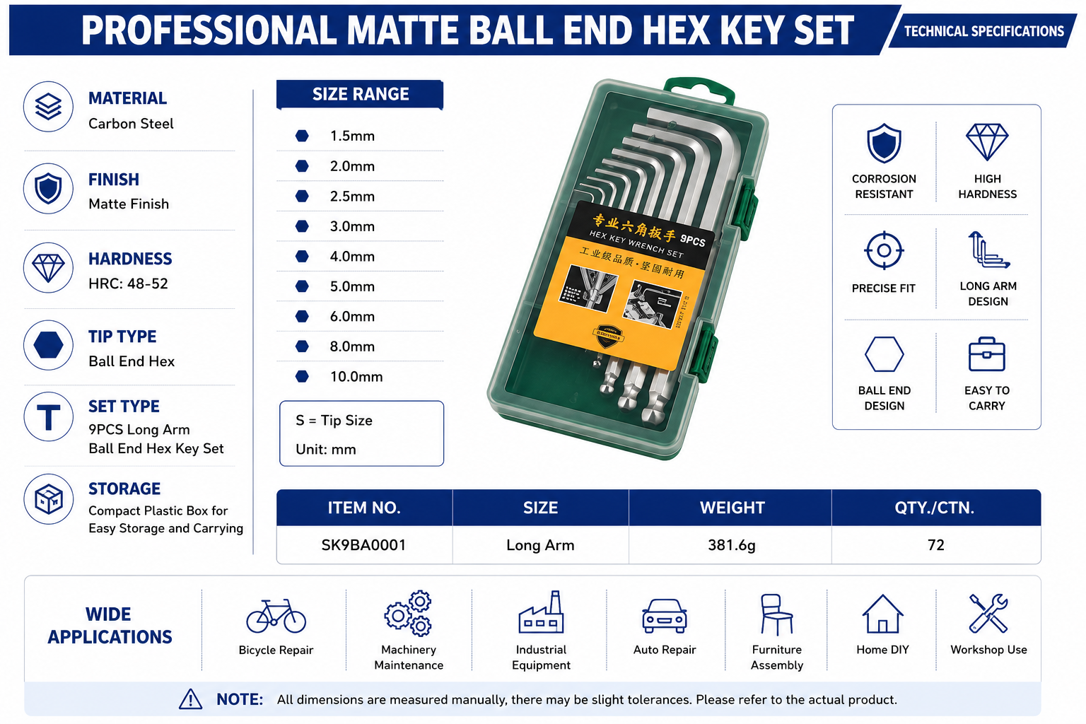 Professional Matte Ball End Hex Key Set Specifications