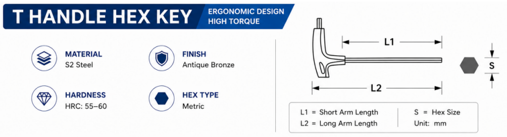 1.5mm to 10mm bronze S2 T handle Allen wrench size chart with shaft length weight and carton quantity