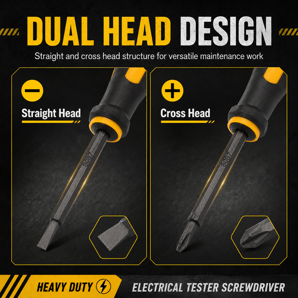 Straight head and cross head dual function design of model 8077 voltage tester screwdriver