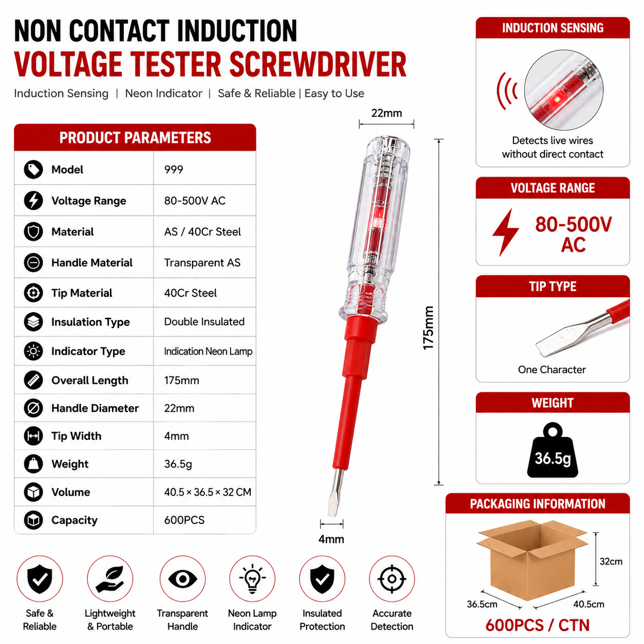 Non Contact Induction Voltage Tester Screwdriver Specifications