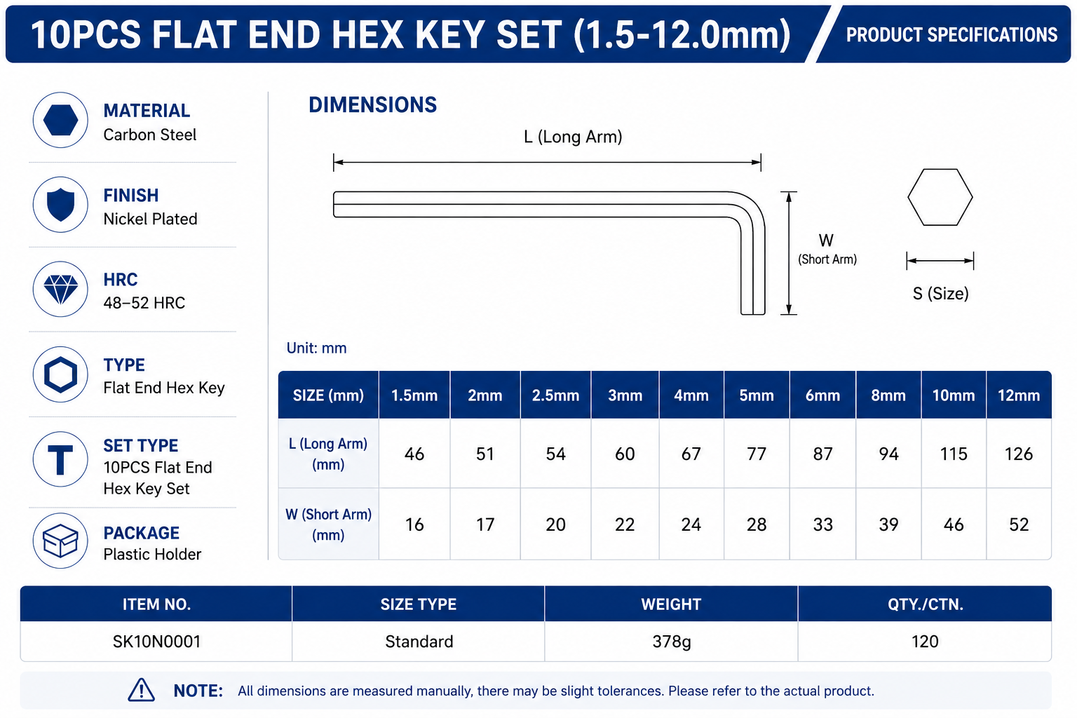 Detailed dimensions, sizes, and technical specifications of the 10-piece flat end hex key set