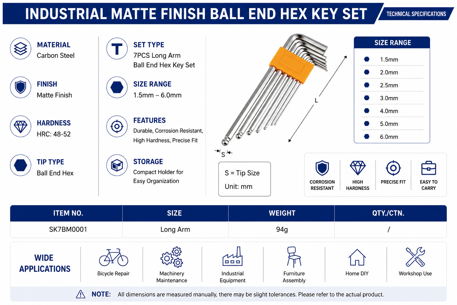 Industrial Matte Finish Ball End Hex Key Set Specifications