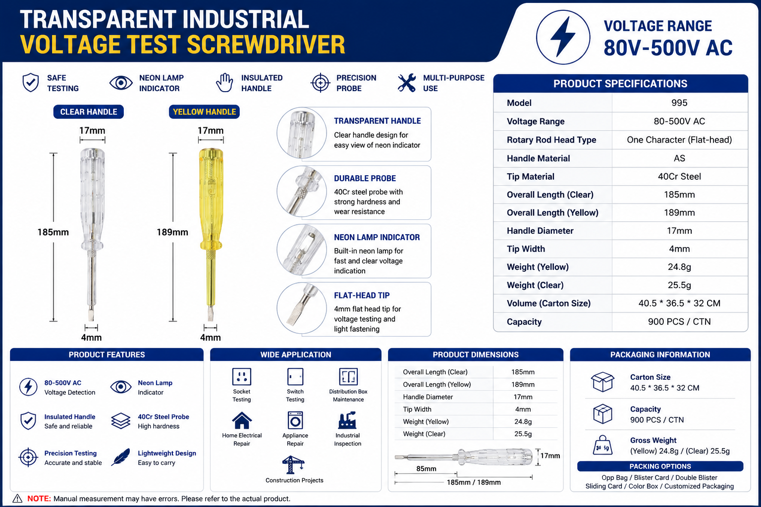 Dual color voltage tester screwdriver parameter chart with 185mm clear handle and 189mm yellow handle