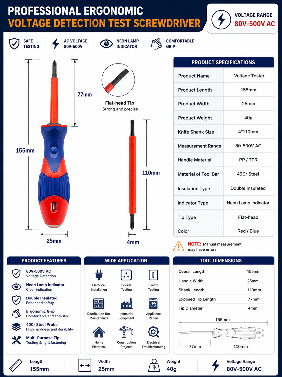 155mm soft grip voltage tester screwdriver parameter chart with 80V 500V AC range and 77mm exposed probe