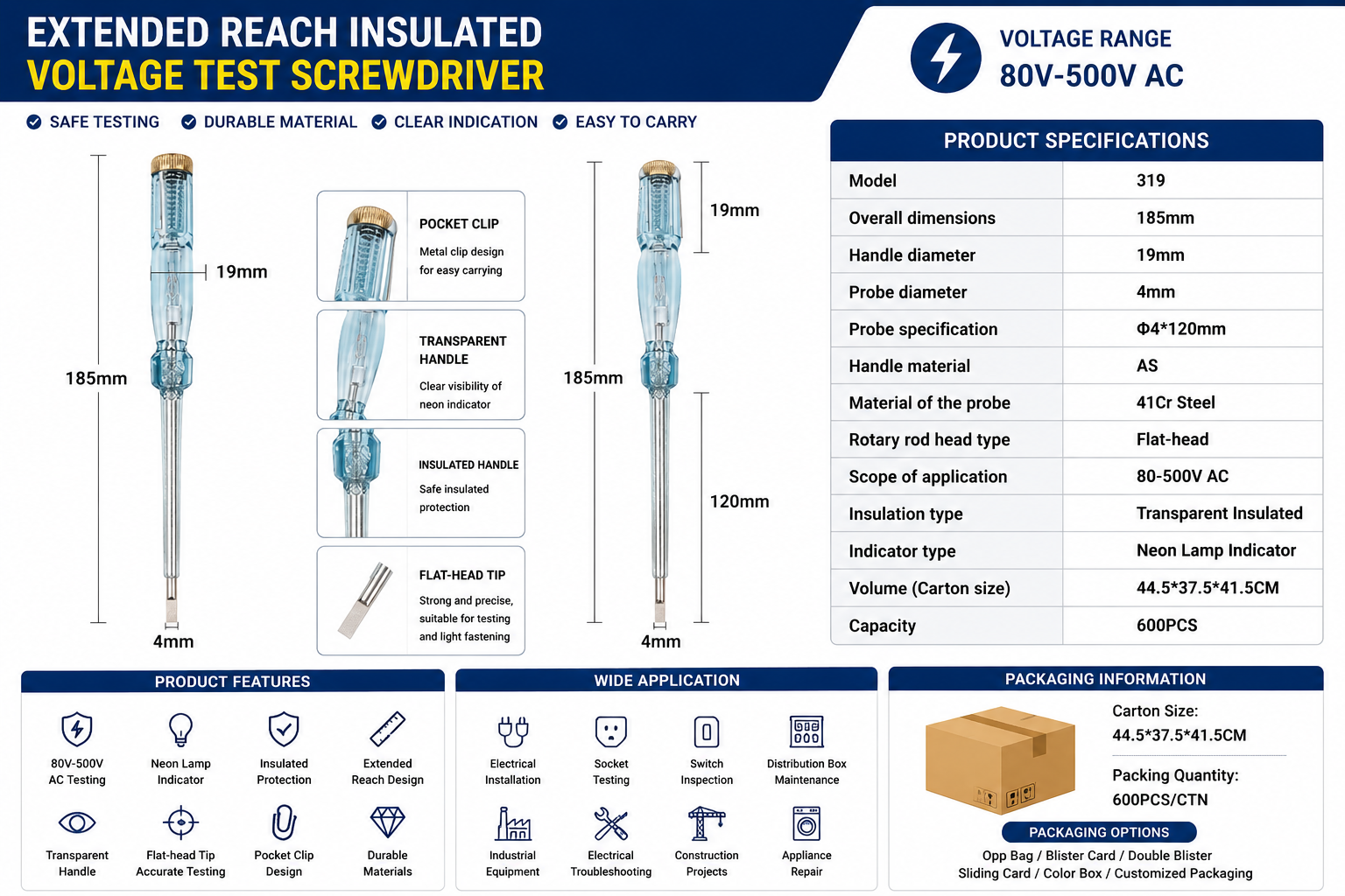 Model 319 extended reach voltage tester screwdriver parameter chart with 185mm length 19mm handle and 80V 500V AC range