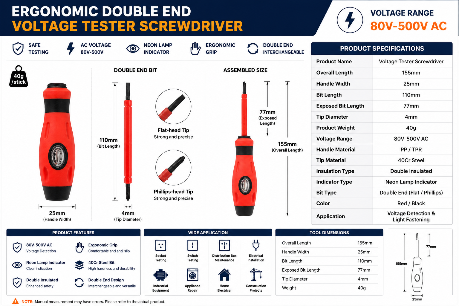 Removable double end voltage tester screwdriver parameter chart with 155mm length 110mm bit and 77mm exposed bit