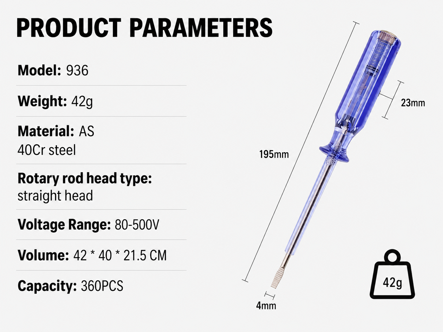 Model 936 voltage tester screwdriver parameter chart with 195mm length 23mm handle width 4mm tip and 42g weight