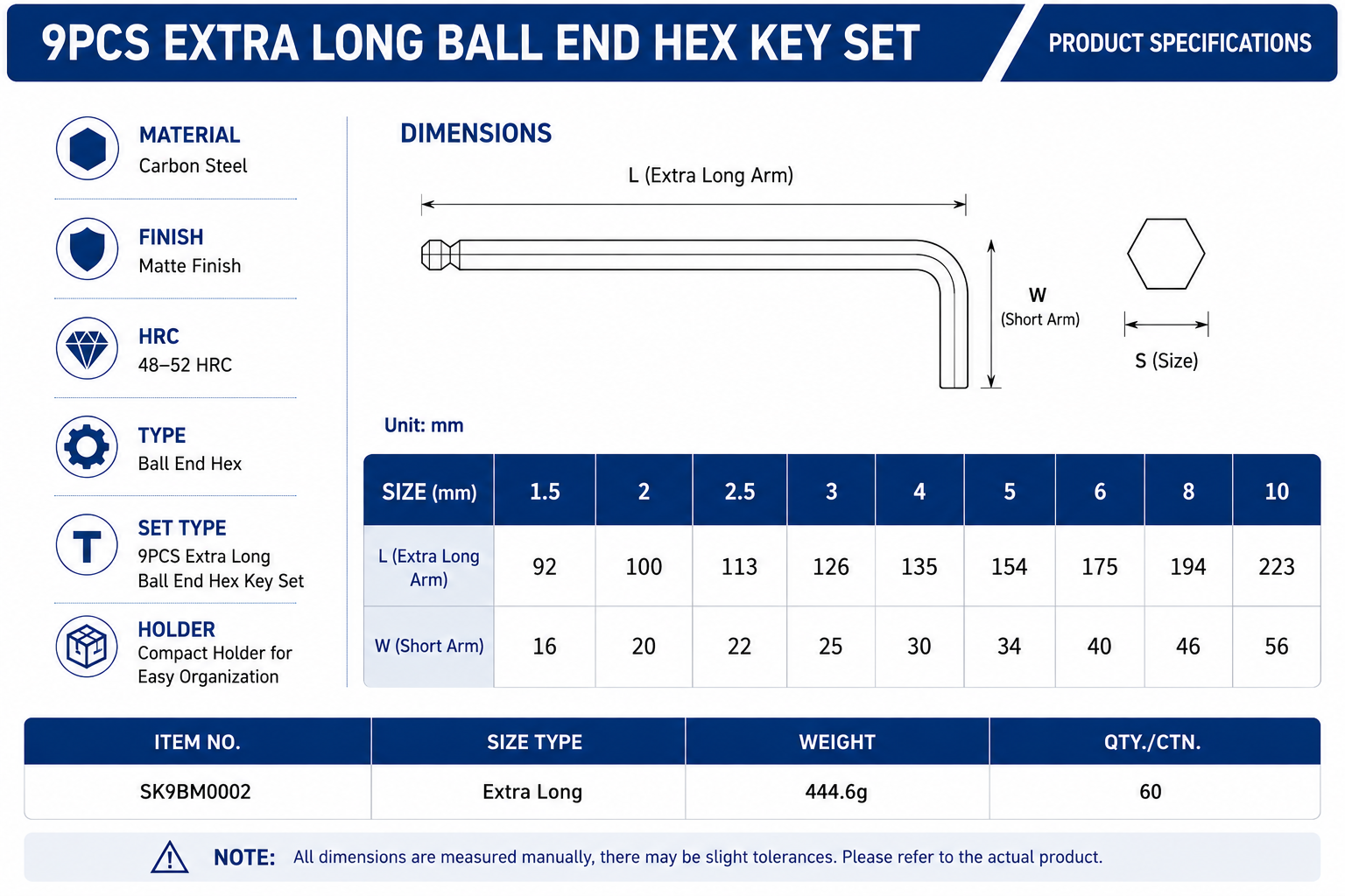Extra Long Reach Ball End Hex Key Set Specifications