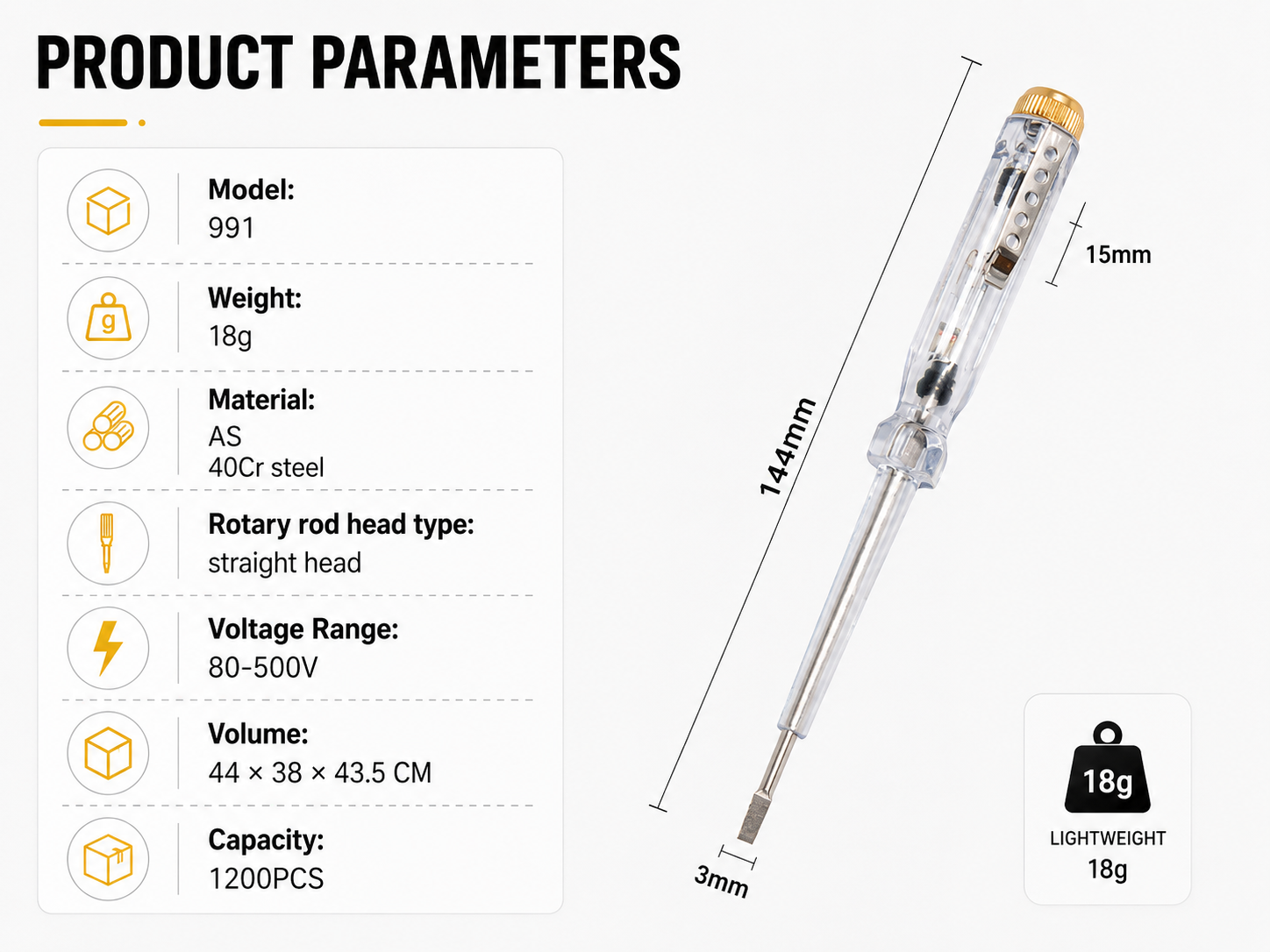 Compact pocket voltage tester screwdriver parameter chart with 144mm length 15mm handle width 18g weight and 1200pcs carton capacity