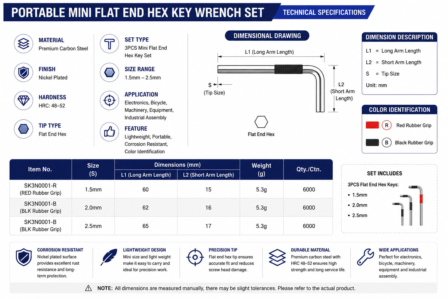 Technical specifications and dimensional drawing of the premium carbon steel mini flat end hex key set