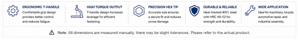 Matte ergonomic T handle Allen wrench parameter chart with 2mm to 10mm size range and long shaft dimensions