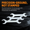 Thin double open end wrench with dual size openings and slim head design
