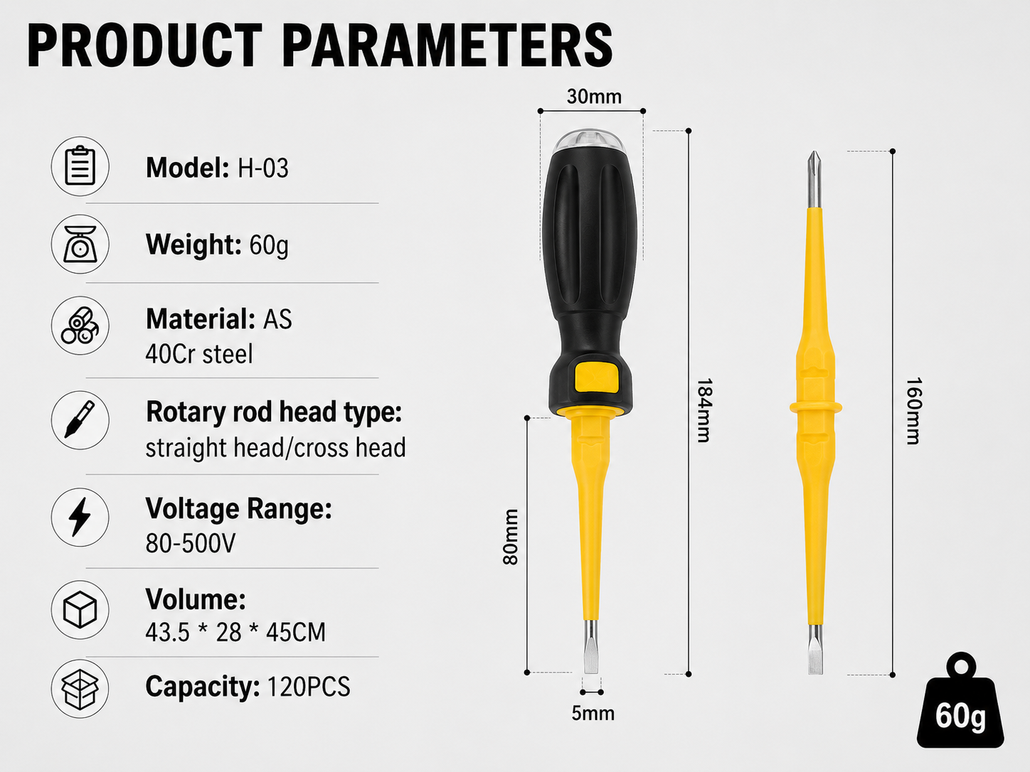 Model H-03 voltage tester parameter chart with 184mm length 30mm handle width 5mm tip and 60g weight