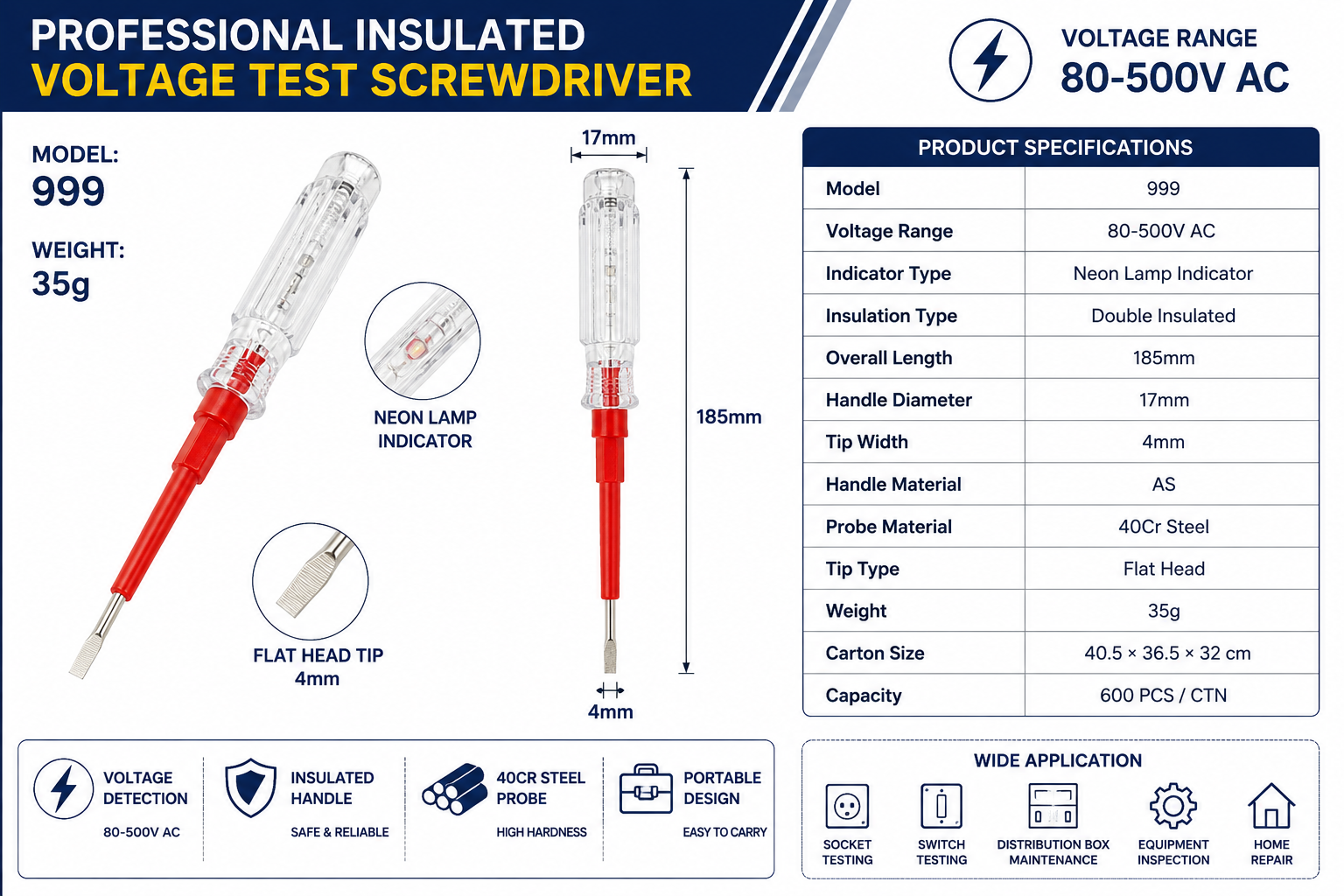 Model 999 voltage tester parameter image with 185mm length 17mm handle diameter and 35g weight