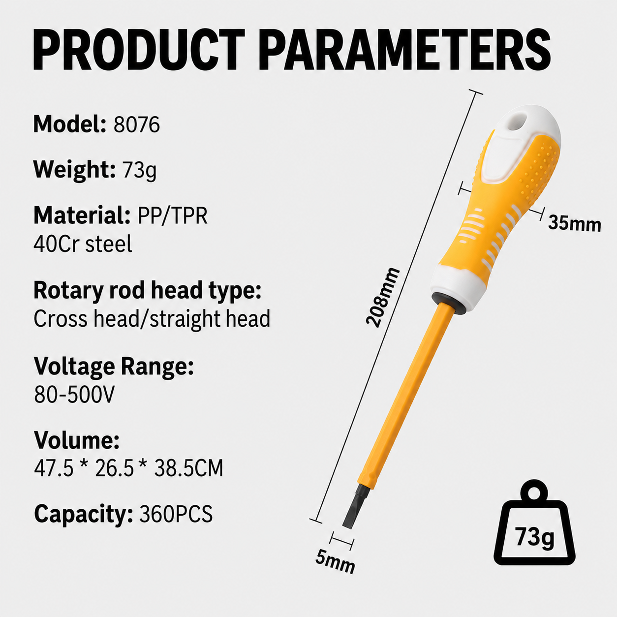 Model 8076 voltage tester parameter chart with 200mm length 35mm handle width and 73g weight