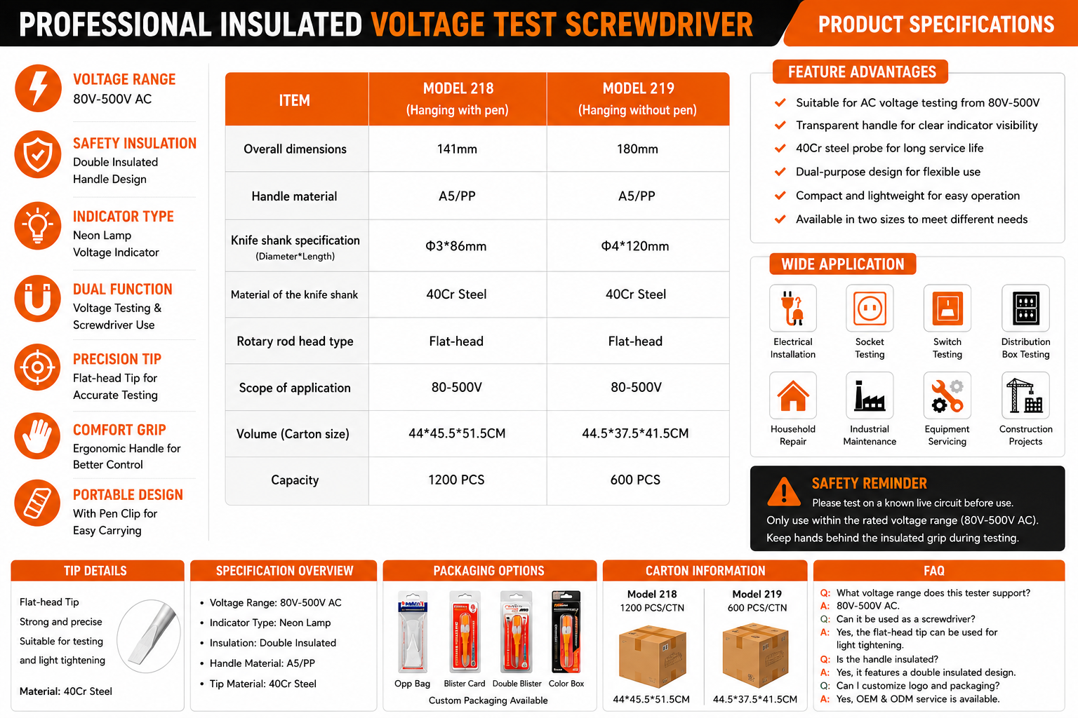 Dual size voltage tester screwdriver parameter chart with 141mm Model 218 and 180mm Model 219 length options