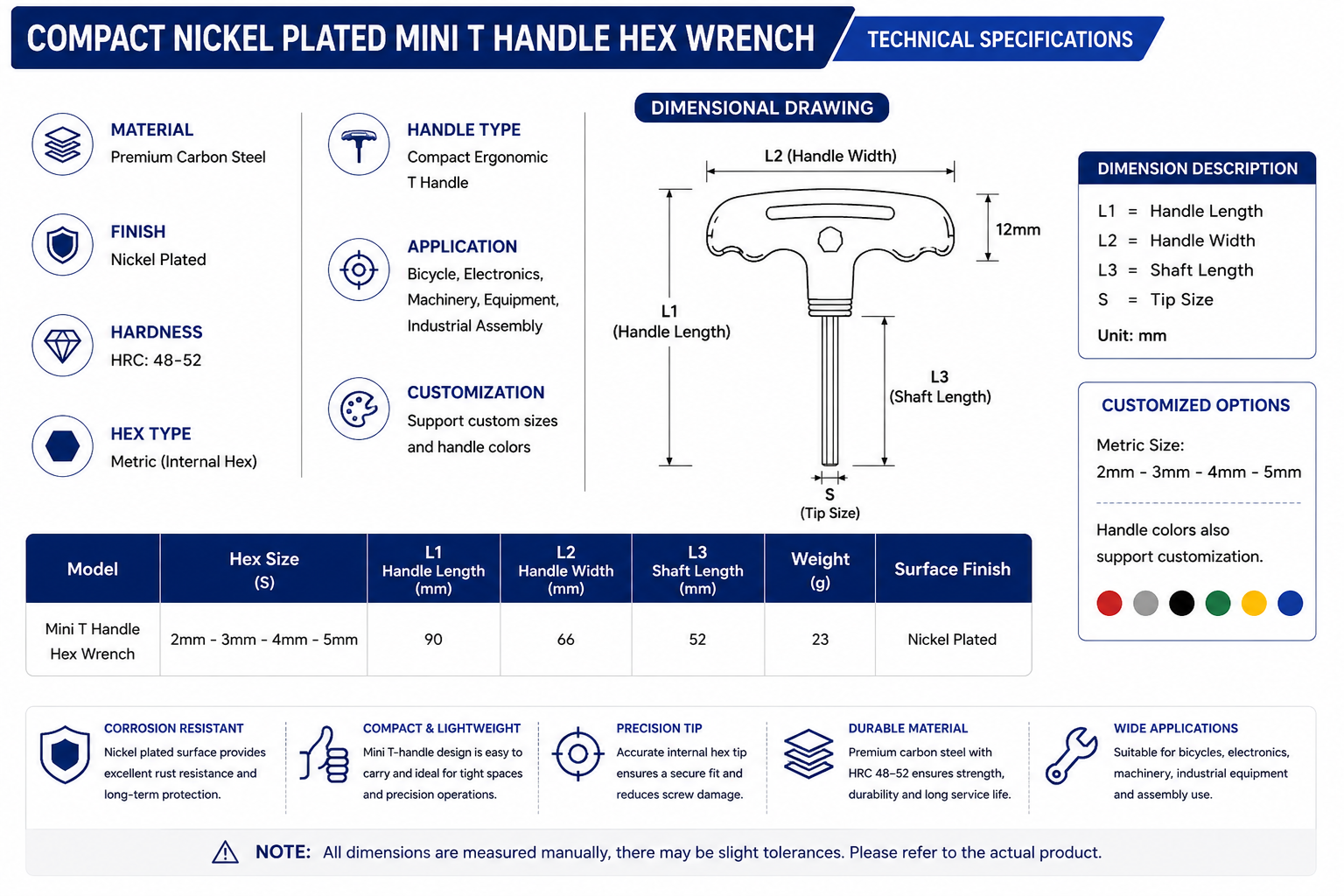 Compact Nickel Plated Mini T Handle Hex Wrench Specifications